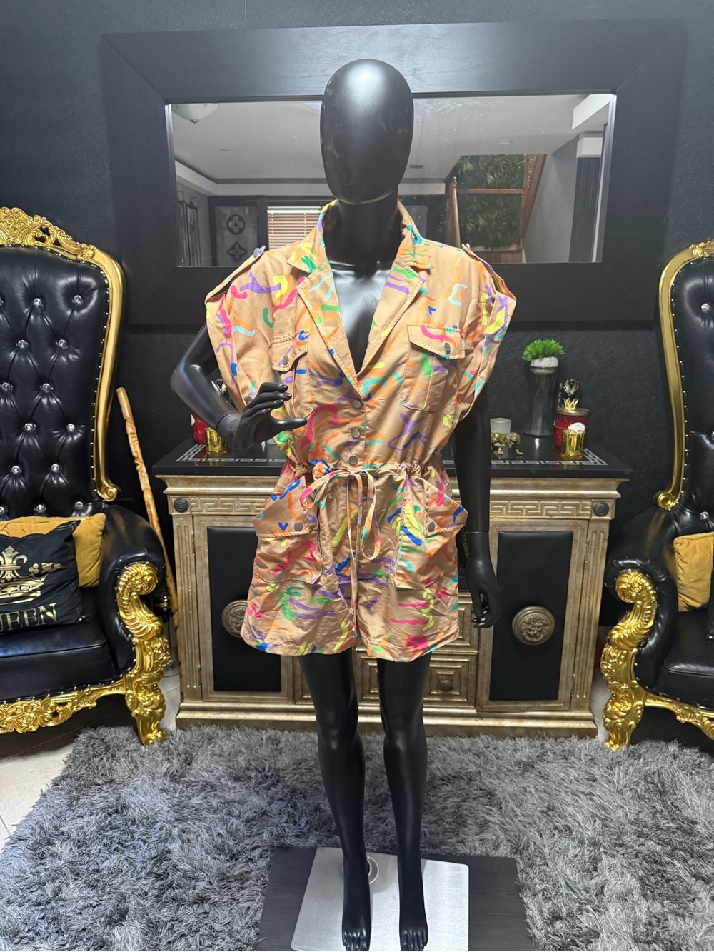Multicolor Abstract Print Short Dress with Drawstring Waist